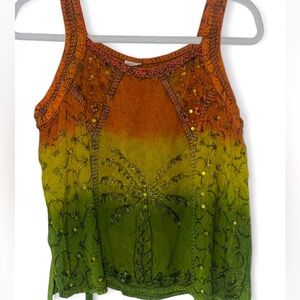 Shoreline Ombre Tank Top with Beaded Palm Tree Design and Sequins Orange Green